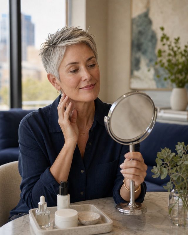 Patient holding a mirror during a calm facial aesthetics consultation