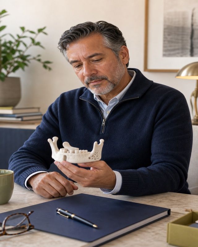 Patient reviewing a jaw model for implant foundation planning