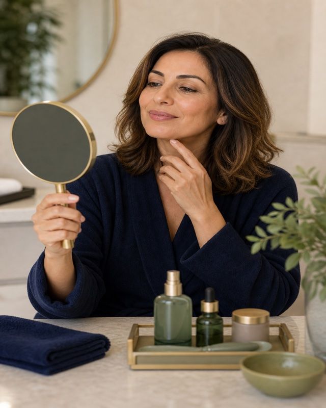 Patient looking into a mirror during a calm facial aesthetics moment