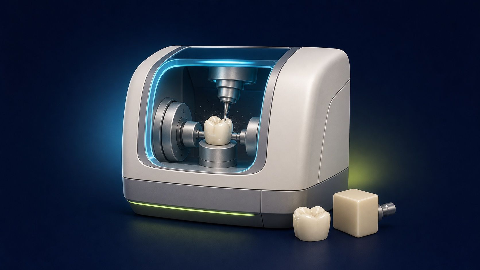 Dental milling unit shaping a ceramic crown