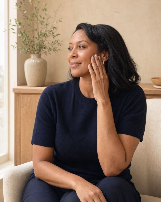 Woman resting her fingertips lightly along her cheek in warm window light
