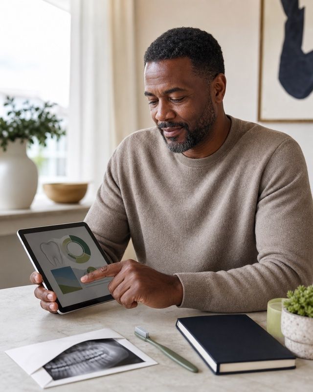 Patient reviewing an oral wellness plan on a tablet before a dental exam