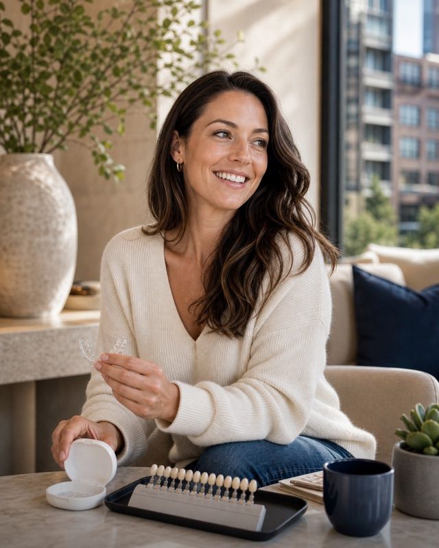 Smiling patient holding clear aligners and a dental shade guide