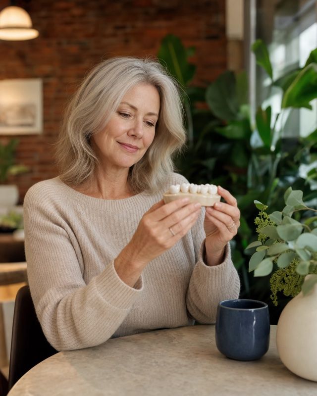 Patient holding a ceramic crown and bridge model