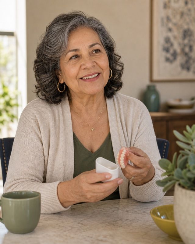 Patient holding a denture case during a confident restorative care moment