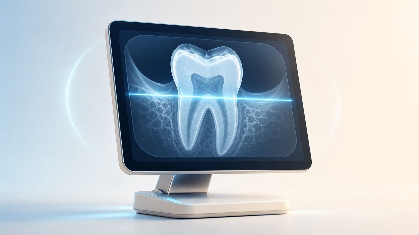Monitor showing a simplified glowing dental x ray of a tooth