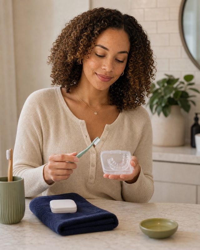 Patient holding a preventive dental care kit for fluoride treatment