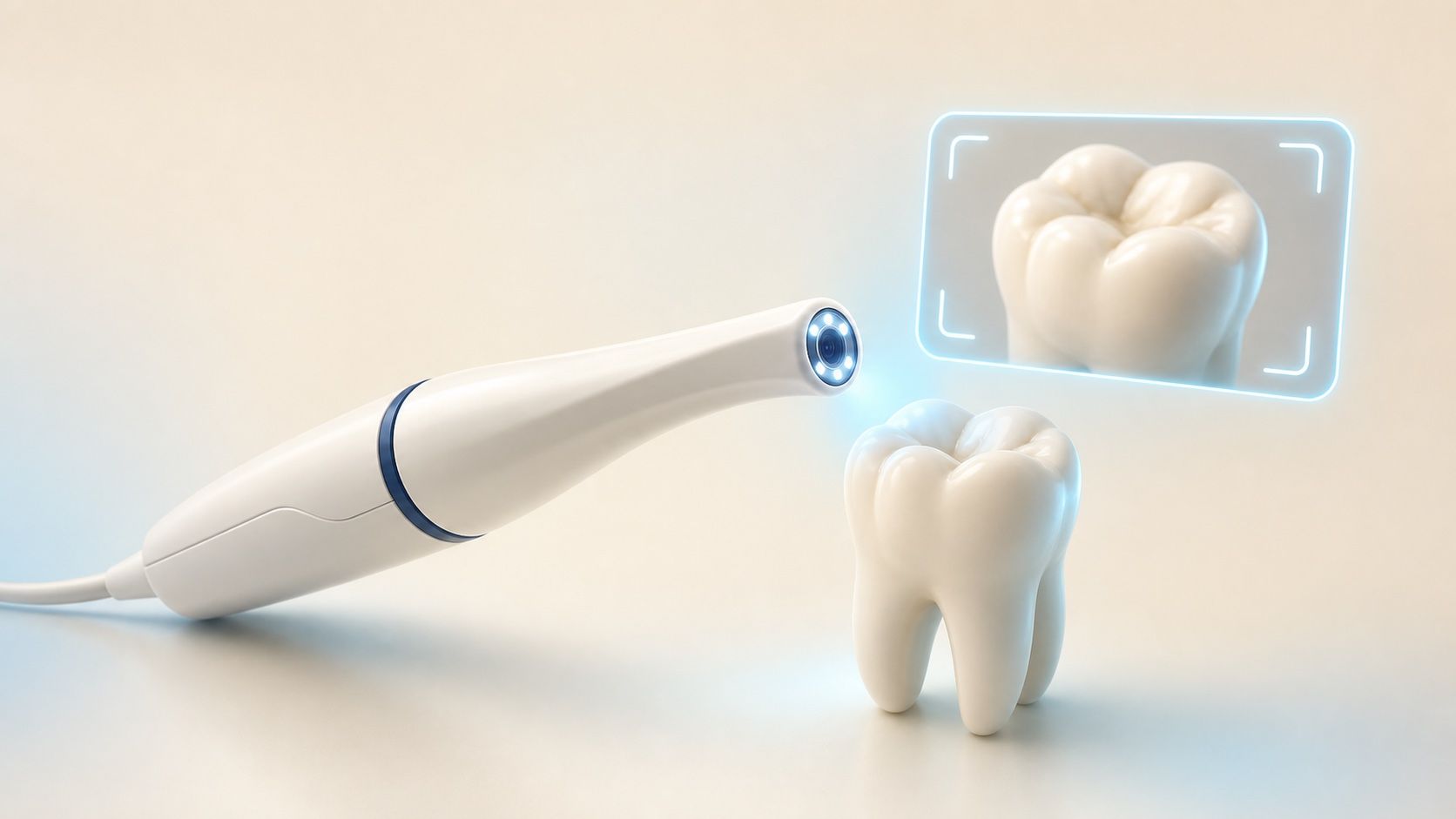 Intraoral camera wand previewing a close-up tooth image