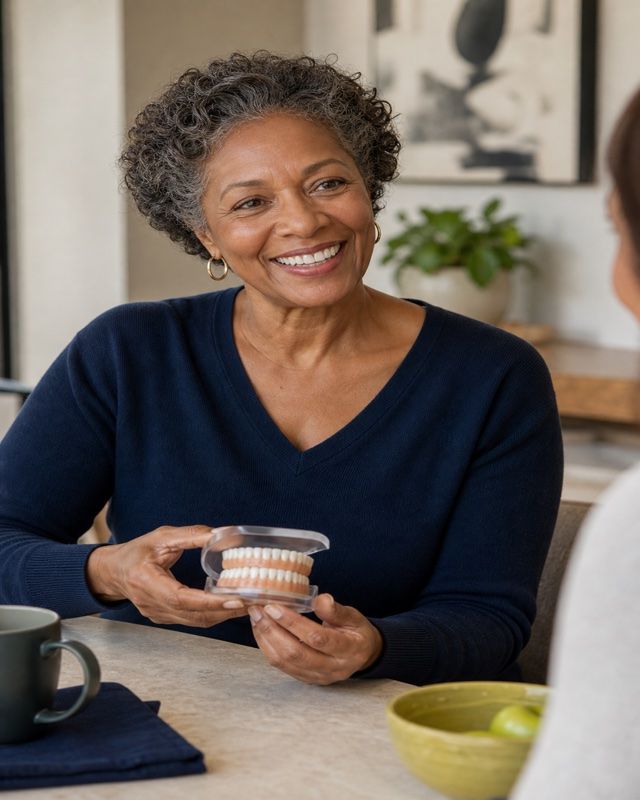 Patient reviewing a full arch dental model at home