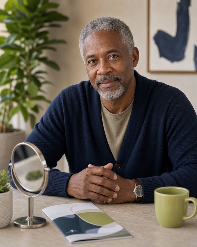 Patient sitting calmly beside an oral wellness mirror