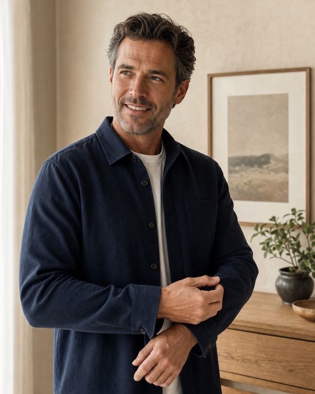 Patient smiling naturally while adjusting a shirt cuff