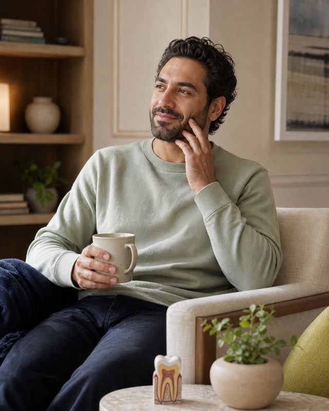 Patient relaxing with a tooth model nearby before tooth saving care