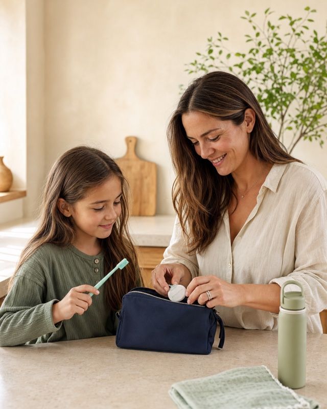 Parent and child preparing a preventive dental care kit