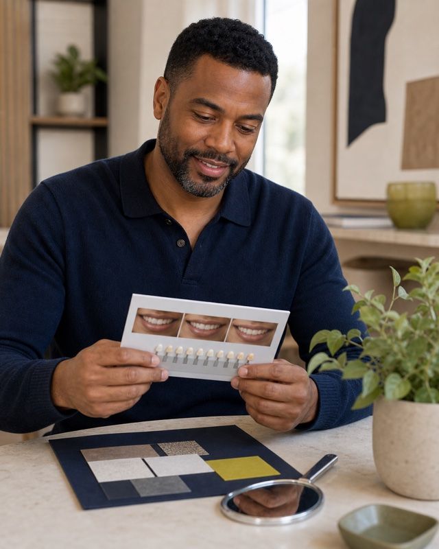 Patient reviewing a smile design board and shade guide