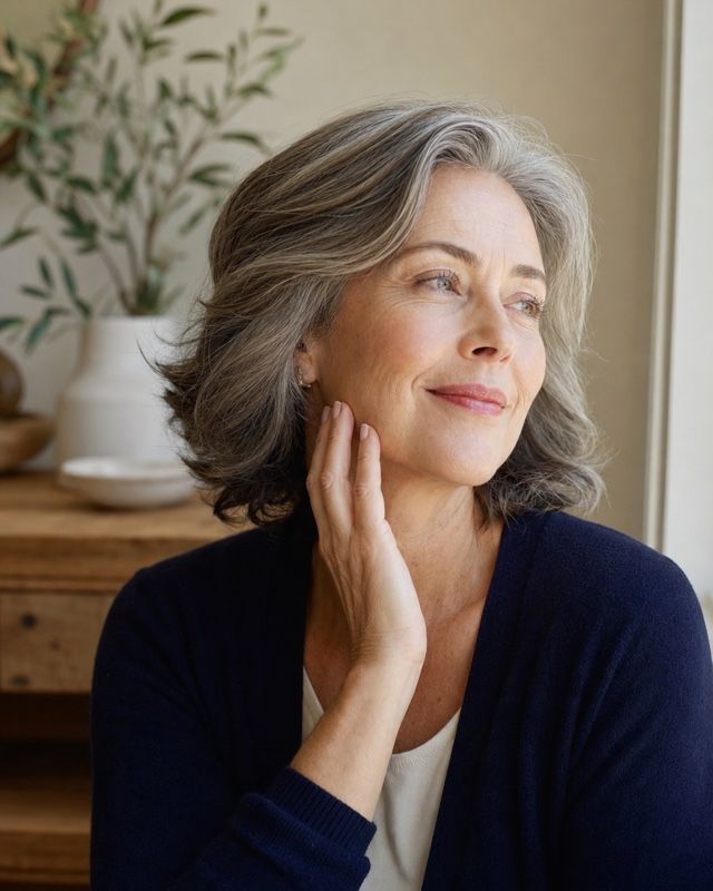 Mature woman gently touching her jawline in warm window light