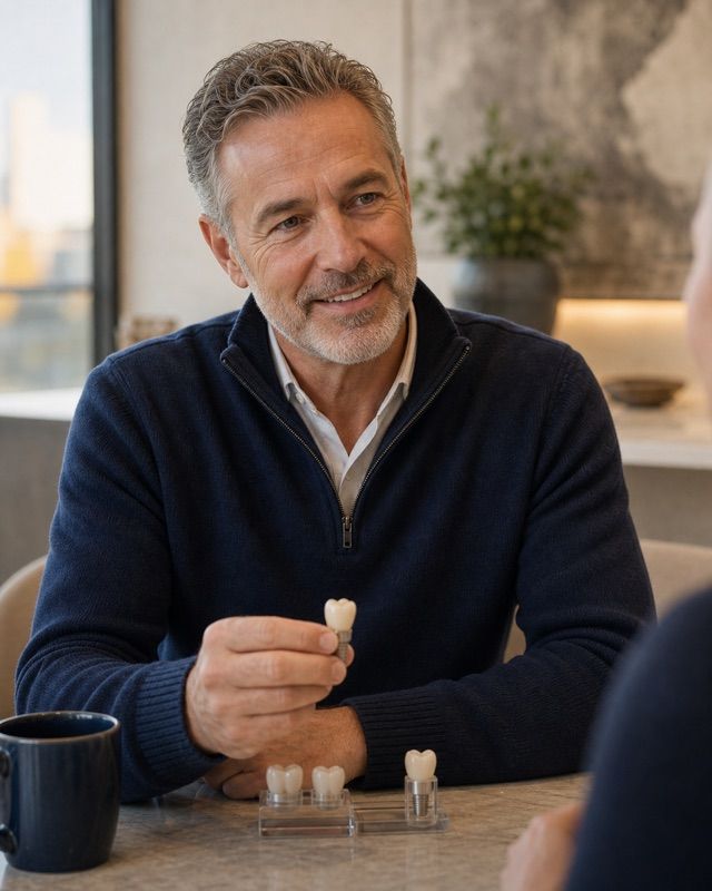 Smiling patient reviewing a crown model for specialty dentistry