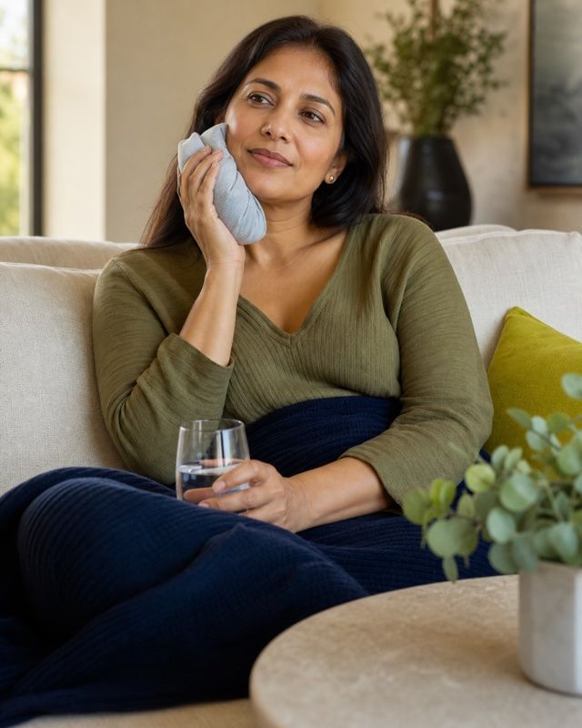 Patient resting calmly with a soft cold pack near the jaw