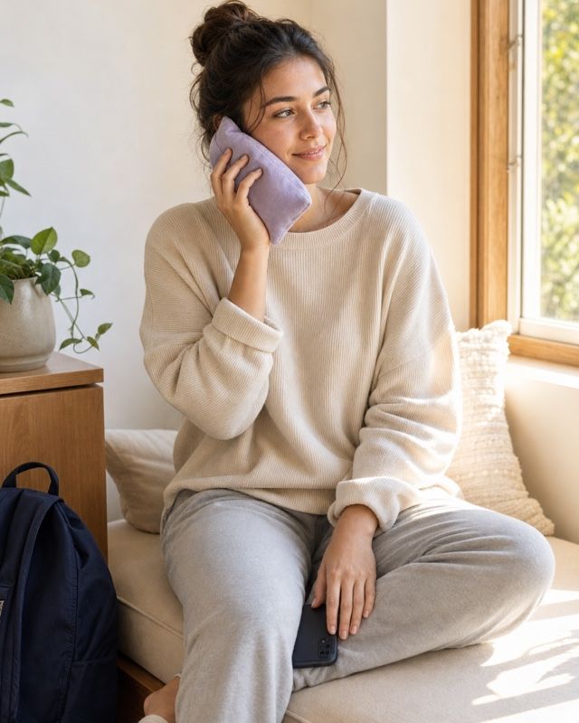 Young adult resting with a soft cold pack against the jaw